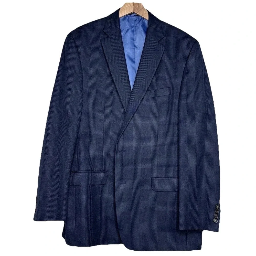 Chaps Men's 44L Two Button Blue Blazer Glen Check Plaid Sport Coat Preppy Office